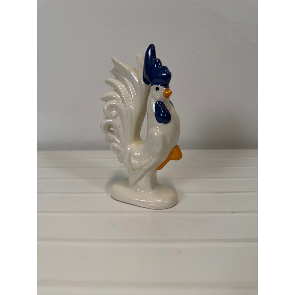 Vintage Ceramic Rooster Figurine White Cobalt Blue Farmhouse Decor 7 Inch